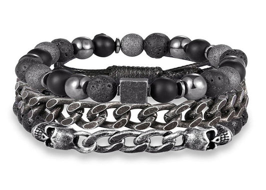 Scull and Black Beads Mans Bracelet