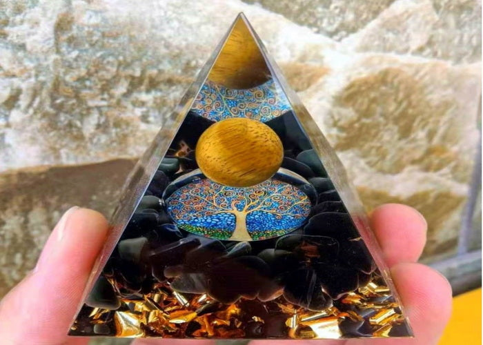 Pyramid Crystal Healing Tigers Eye. Tree of Life Obsidian